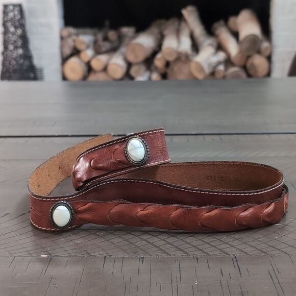 Vintage Leonardo Made In Italy Brown Woven Leather Belt  With Stone Detailing - Picture 1 of 12